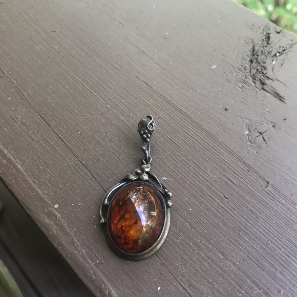 Vintage Sterling Silver 925 Art Deco Amber Pendant